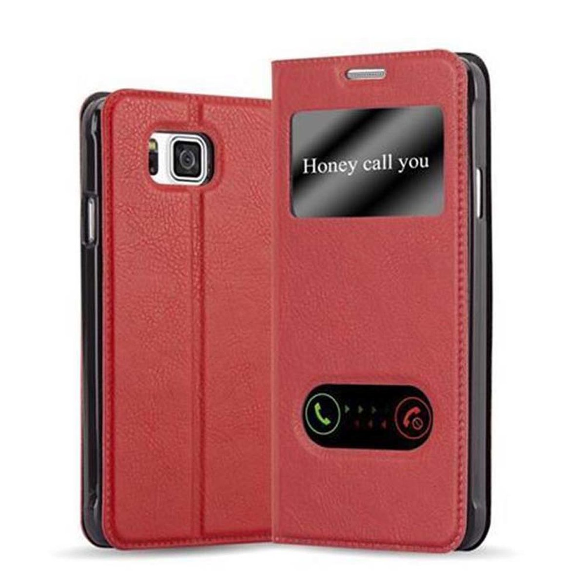 Funda roja, abierta, mostrando la pantalla y el mensaje "Honey call you".