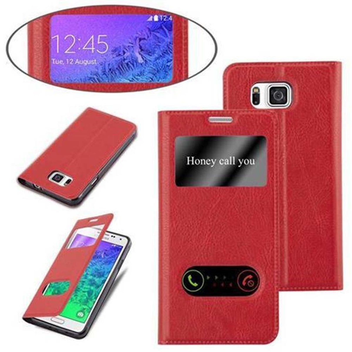Funda roja para teléfono con tapa. La tapa muestra la pantalla del teléfono y el mensaje "Honey call you".