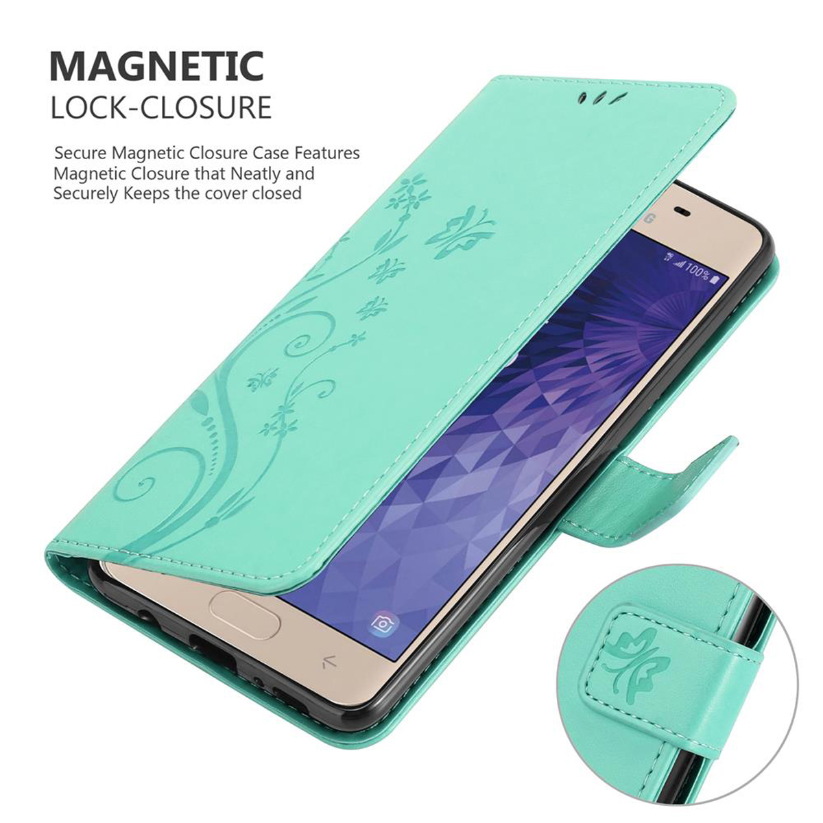 Una custodia per telefono verde acqua aperta, che rivela un telefono. Le caratteristiche includono un motivo floreale e una chiusura magnetica.