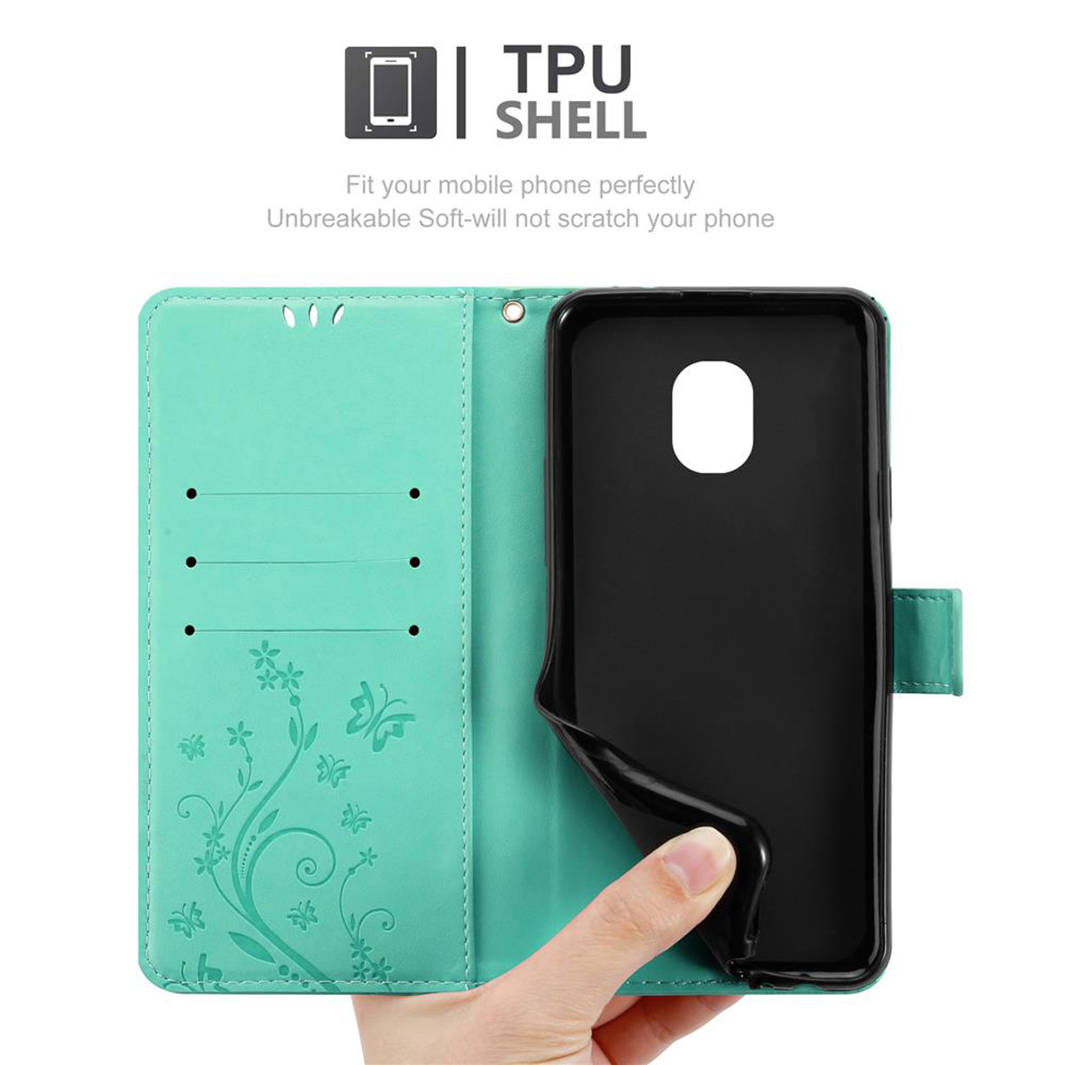 Una custodia verde menta, aperta, rivela un guscio del telefono nero e una mano che lo tiene.