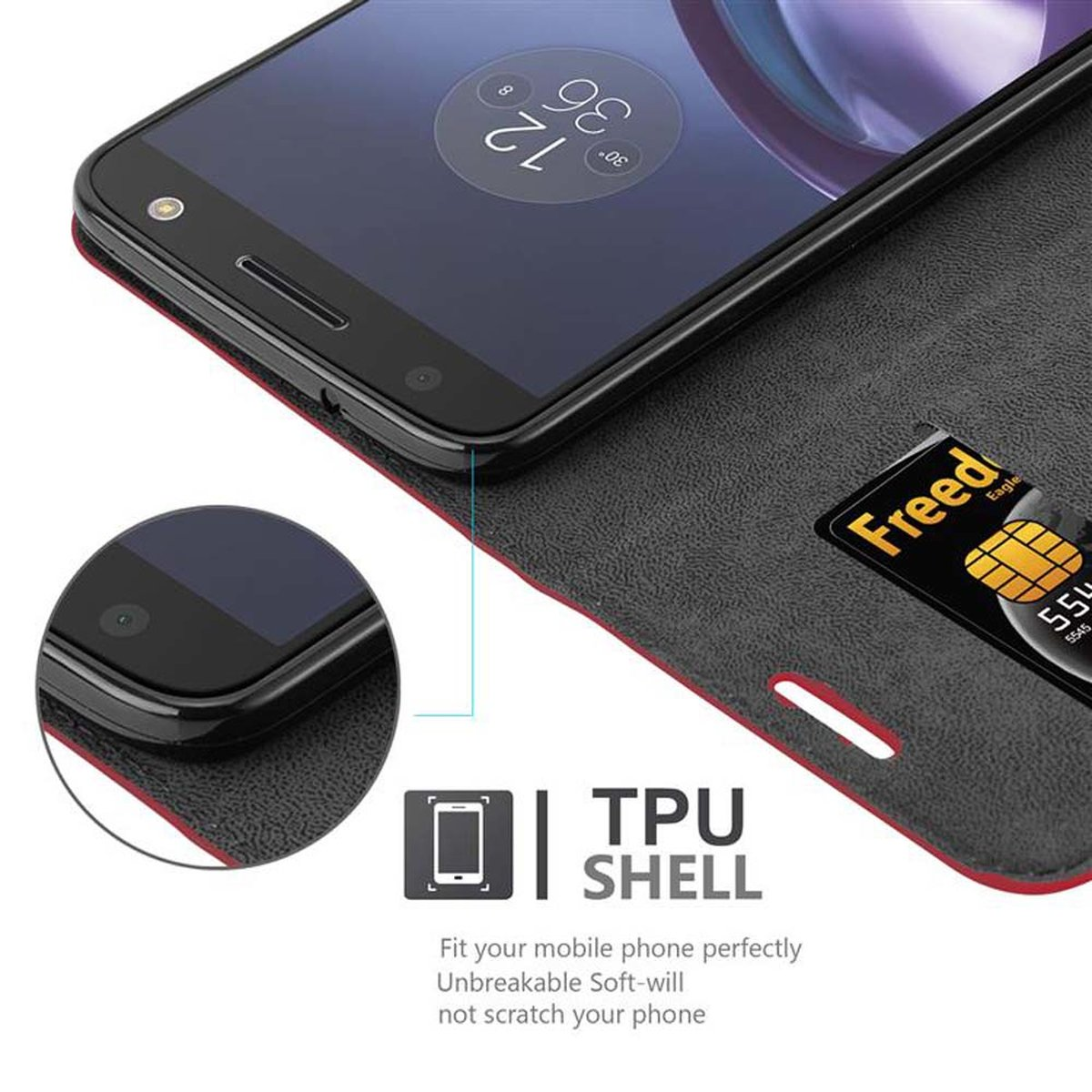 Telefono all'interno di una custodia nera e rossa, con fessura per carte e etichetta TPU.