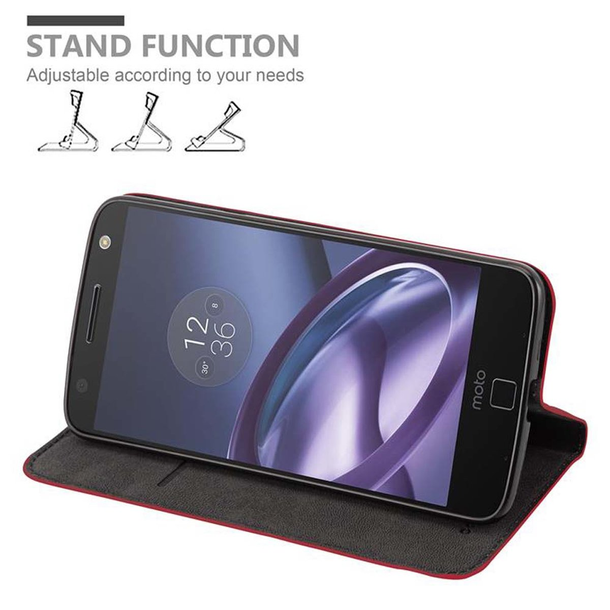 Telefono nella custodia, angolato, che mostra lo schermo. Funzione stand.