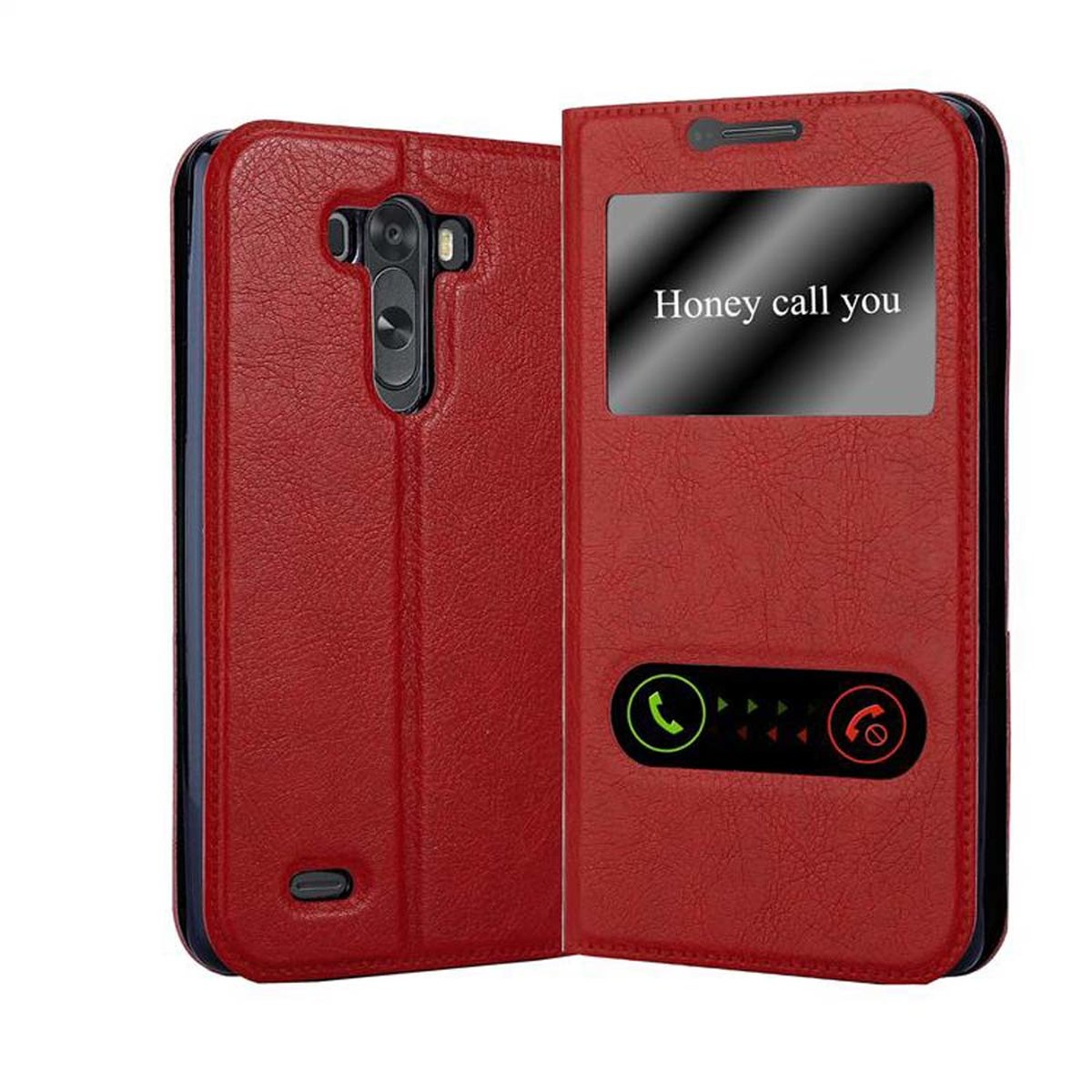 Funda roja para teléfono con un teléfono dentro. El texto en la pantalla dice: "Honey call you". Abierta.