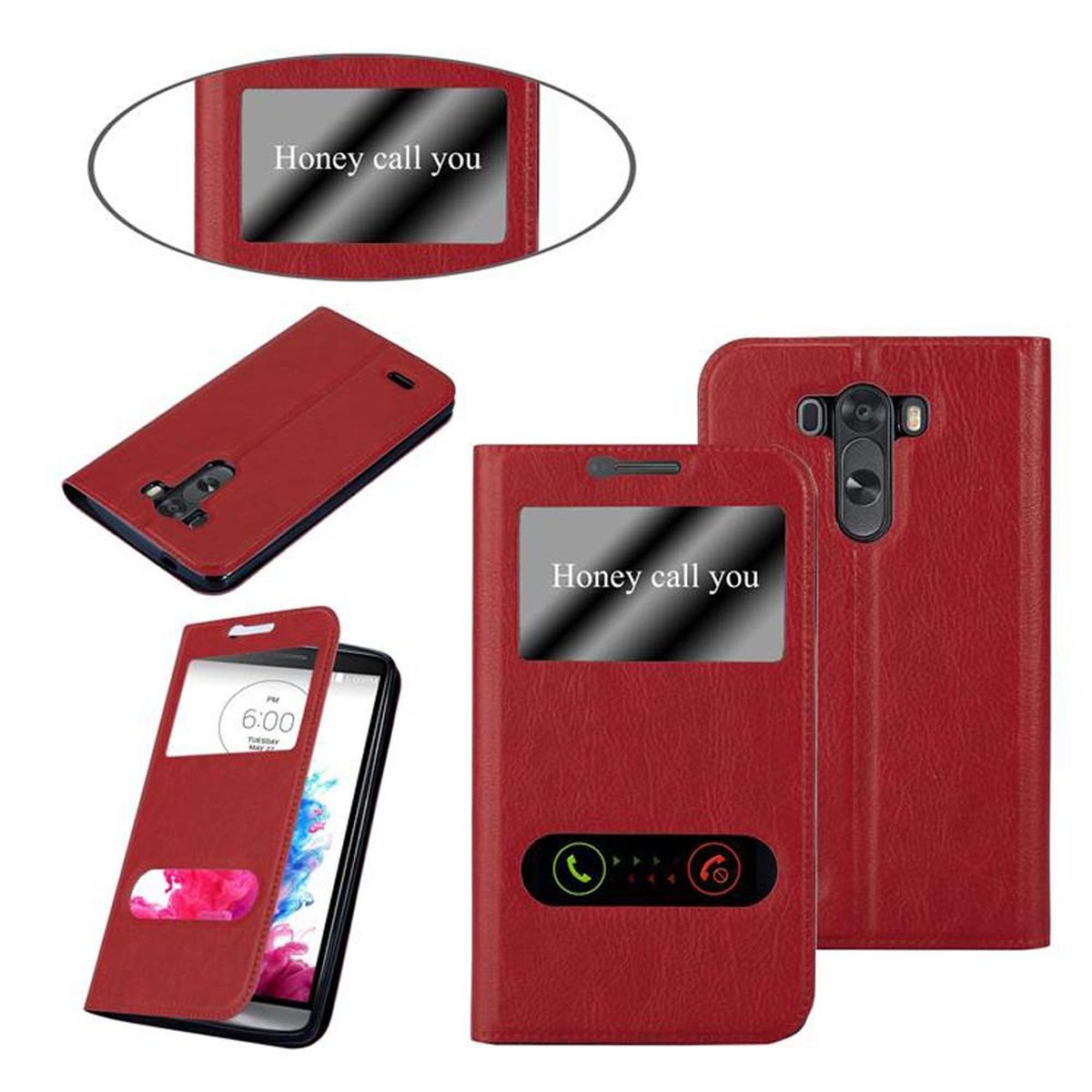 Funda de teléfono roja con teléfono dentro. El teléfono muestra la hora. La funda tiene una ventana. La funda es roja.