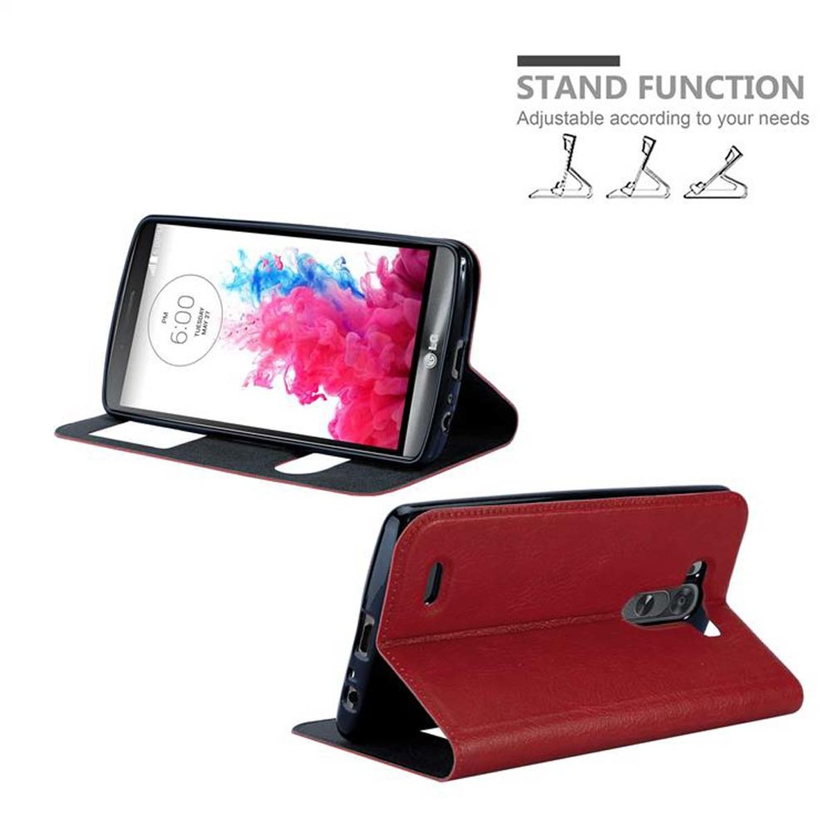 Funda de teléfono roja abierta, con un teléfono dentro y la función de soporte mostrada.
