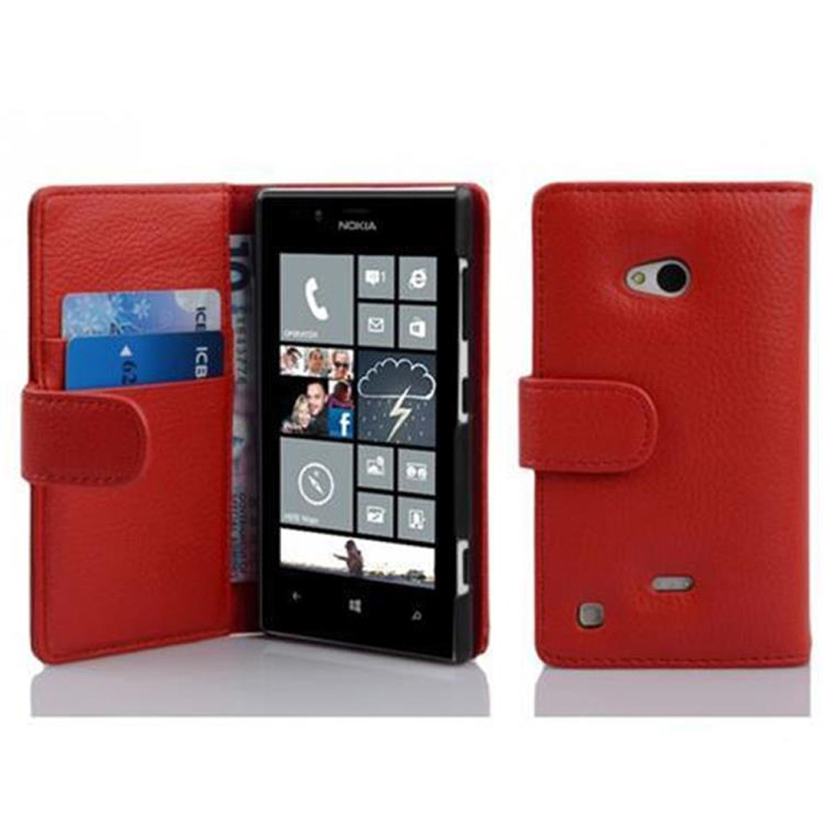 Rote Handyhülle mit einem Nokia-Telefon darin. Hülle offen, zeigt Karten und Telefonschnittstelle.