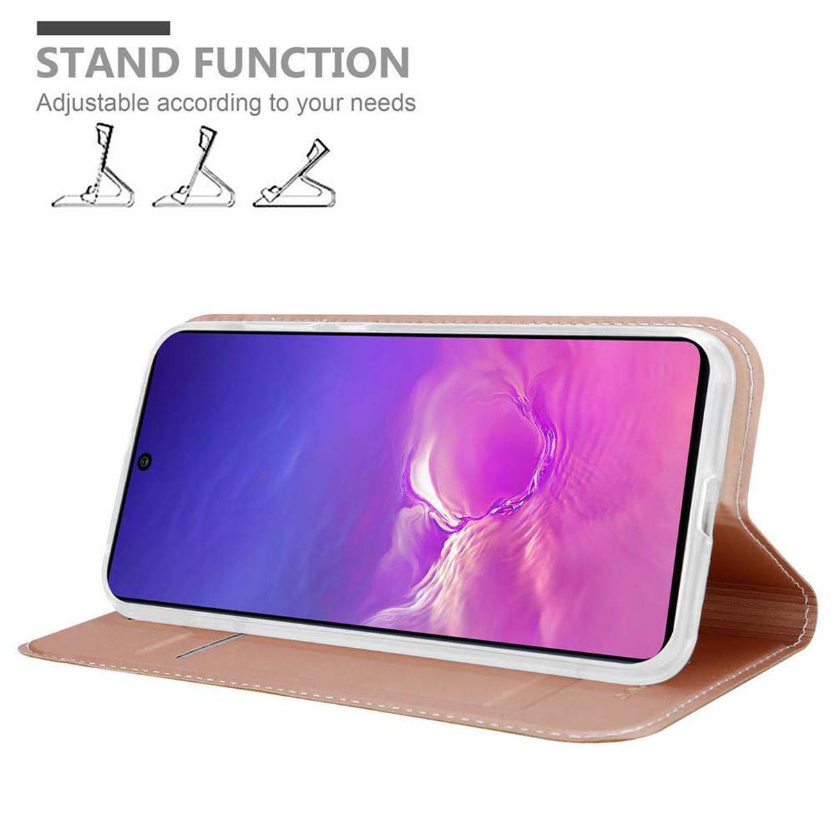 Custodia rosa con telefono all'interno. Funzione supporto con tre opzioni di supporto.