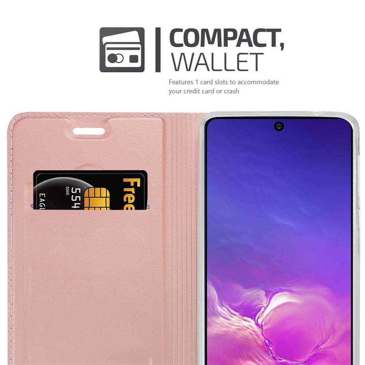 Custodia a portafoglio rosa per telefono con slot per schede. Scheda e telefono visibili. Il testo sopra dice 'Compatto, Portafoglio'.