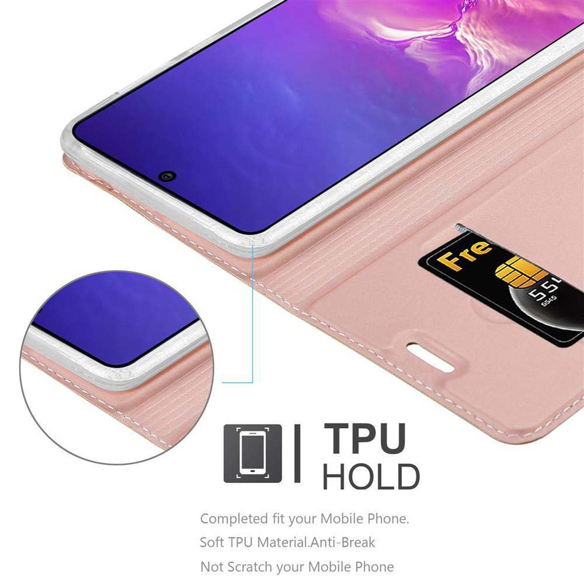 Portafoglio per telefono rosa con carte, denaro e telefono. Testo: TPU HOLD.