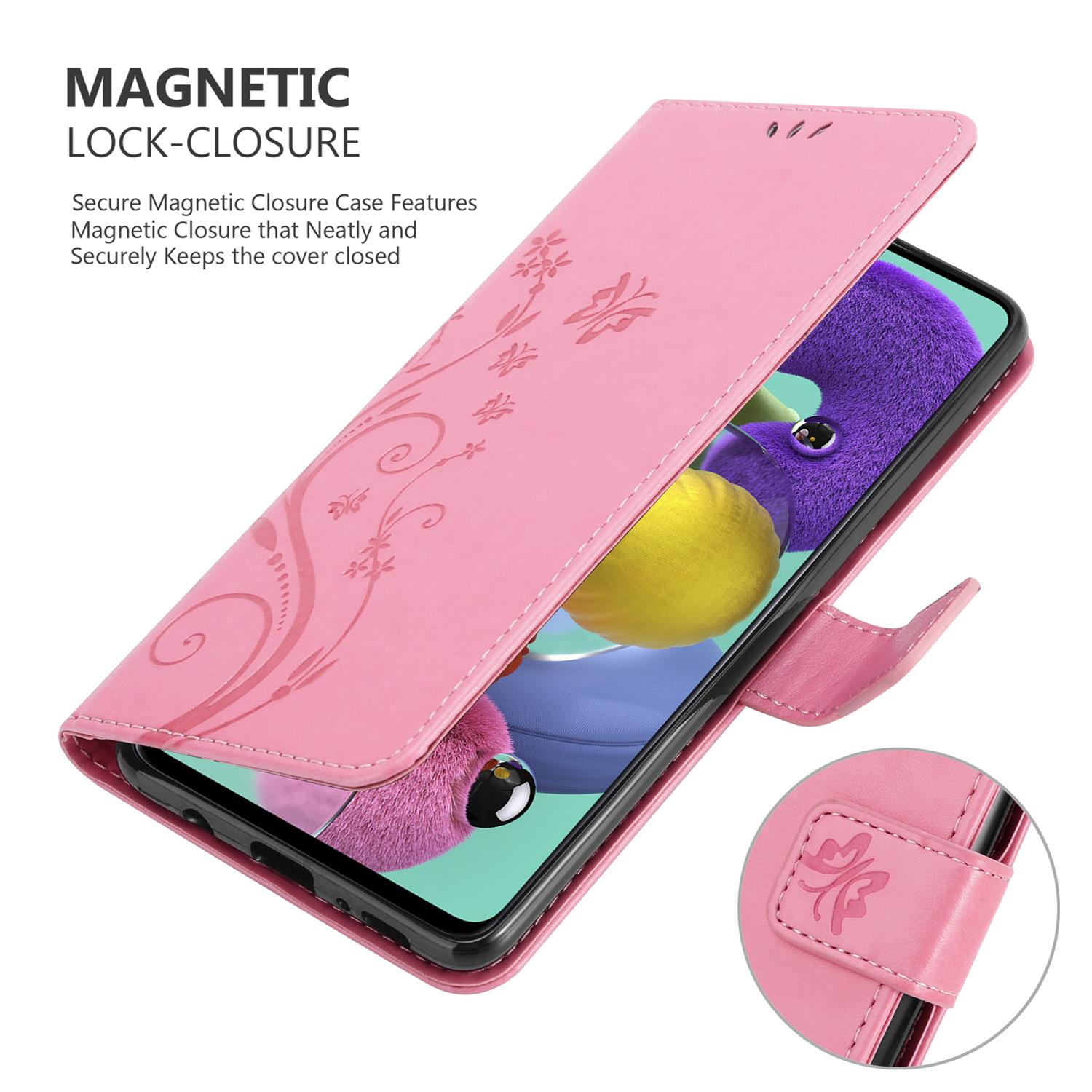 Una custodia per telefono rosa, aperta, che rivela un telefono, con un design floreale.