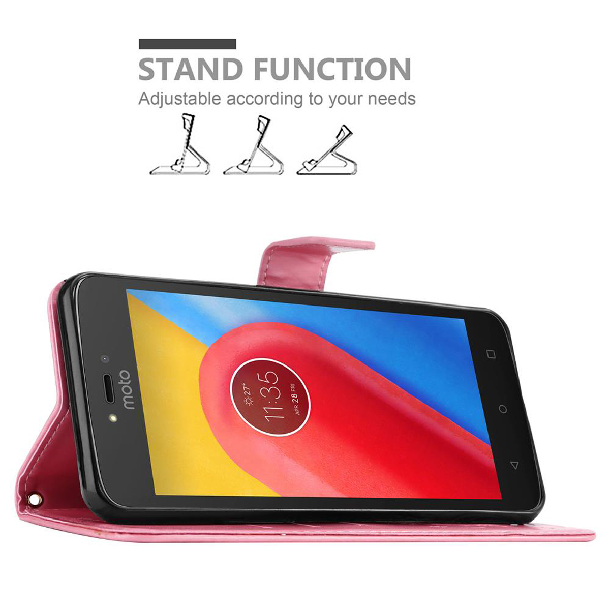 Custodia per telefono rossa con il telefono all'interno. Il telefono mostra l'ora. Funzione stand.