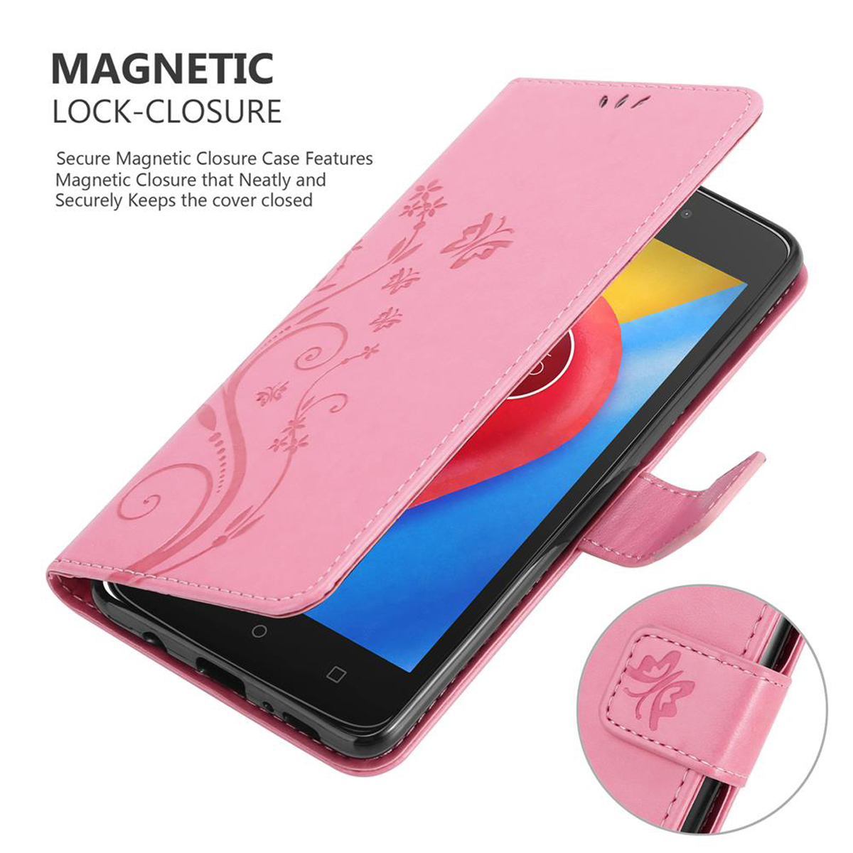 Custodia rosa per telefono con un design floreale. La custodia è aperta, rivelando un telefono.