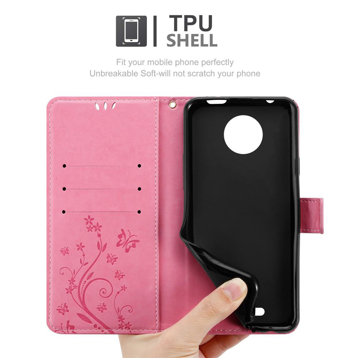 Custodia rosa per telefono aperta, con telefono nero all'interno. Ha motivi floreali e fessure per carte.