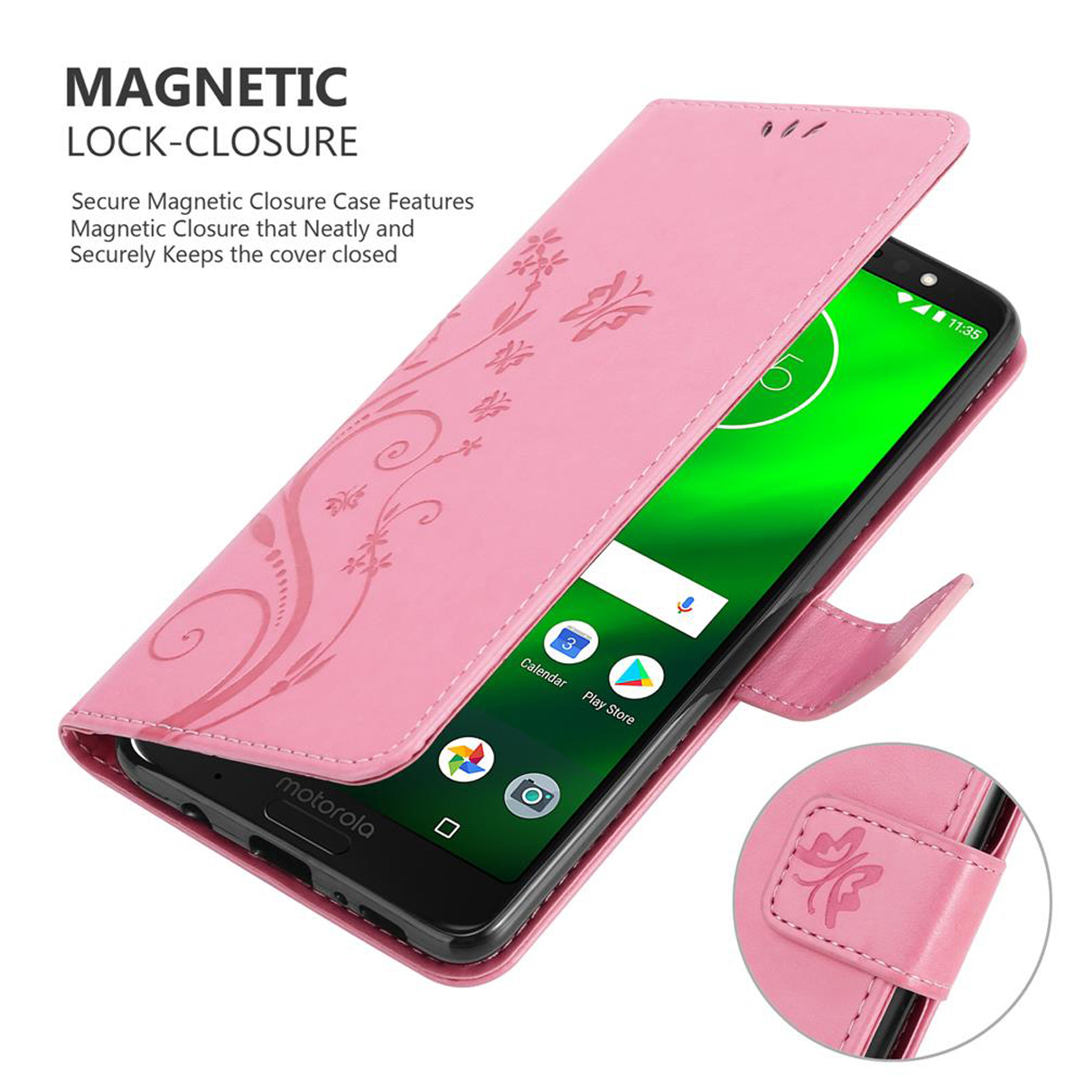 Custodia rosa per telefono con design floreale aperta, che rivela lo schermo del telefono. Il testo dice 'Chiusura magnetica'.