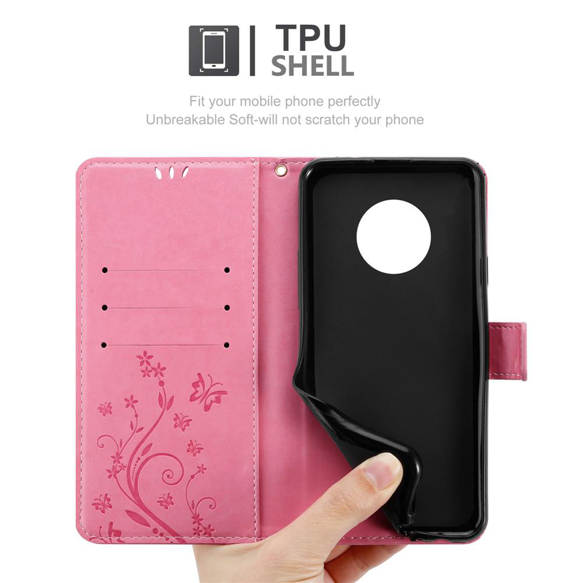 Custodia rosa per telefono, aperta, che mostra un telefono. La custodia ha fessure per carte e una chiusura magnetica.