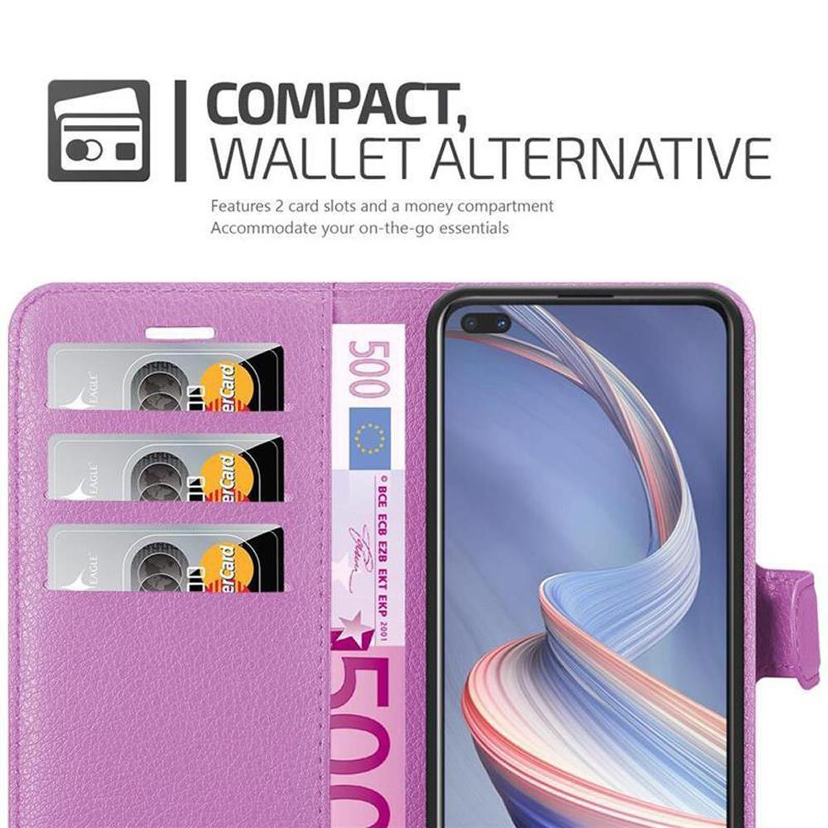 Custodia per telefono viola con slot per carte di credito e tasca per contanti. Un telefono con schermo nero è all'interno.