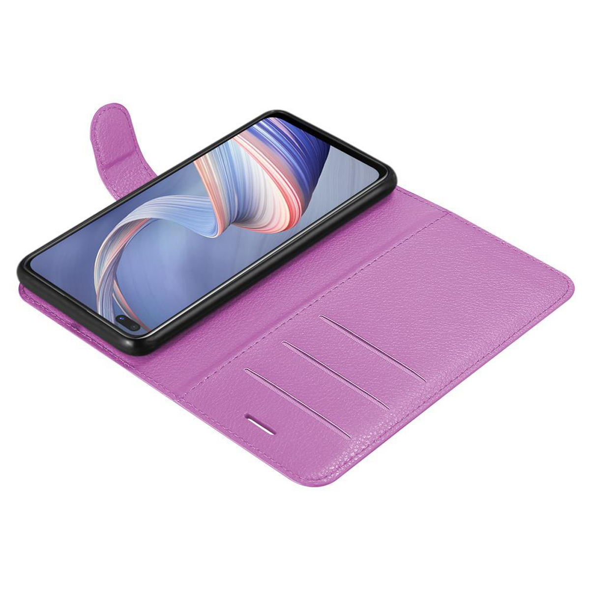 Custodia per telefono viola con telefono all'interno. All'interno della custodia ci sono tre fessure per carte.