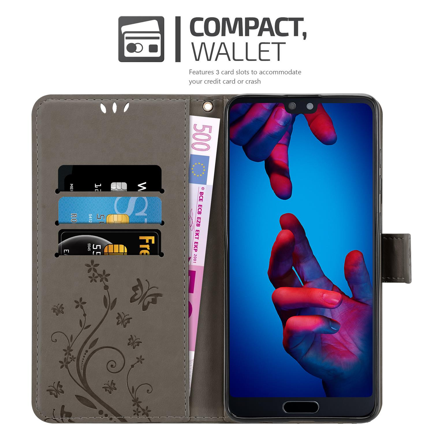 Custodia a portafoglio grigia aperta, con telefono, carte e denaro all'interno. Il testo dice 'Compact, Wallet'.