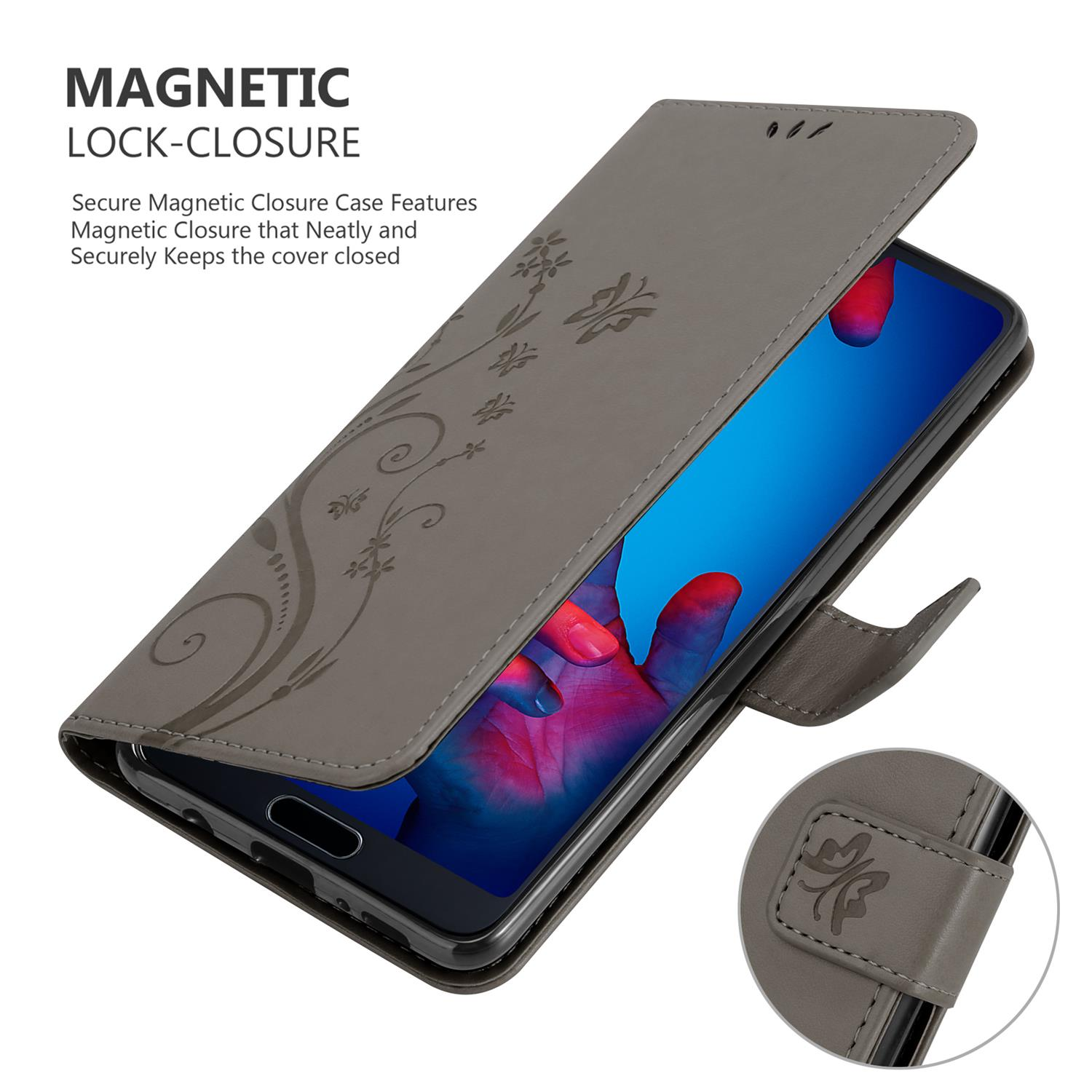Custodia grigia con design floreale, aperta per rivelare lo schermo. Chiusura magnetica visibile.