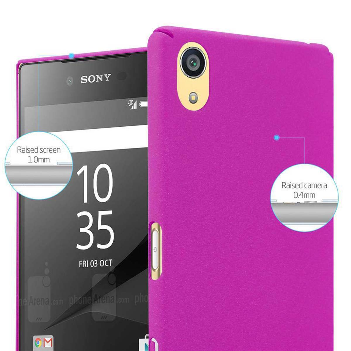 Una funda rosa para teléfono con un teléfono dentro. Se destacan los detalles de la pantalla y la cámara elevadas con mediciones.