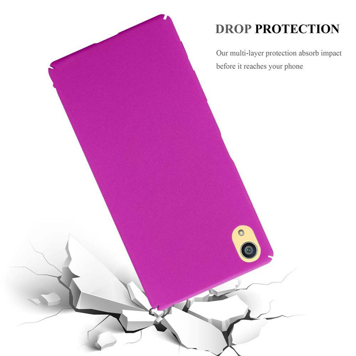 Funda morada para teléfono cayendo sobre hormigón roto, con detalles de protección contra caídas.