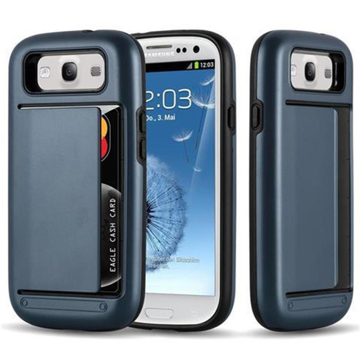 Drei Telefonhüllen, blau. Eine hat ein Telefon. Eine hat einen Kartenschlitz.