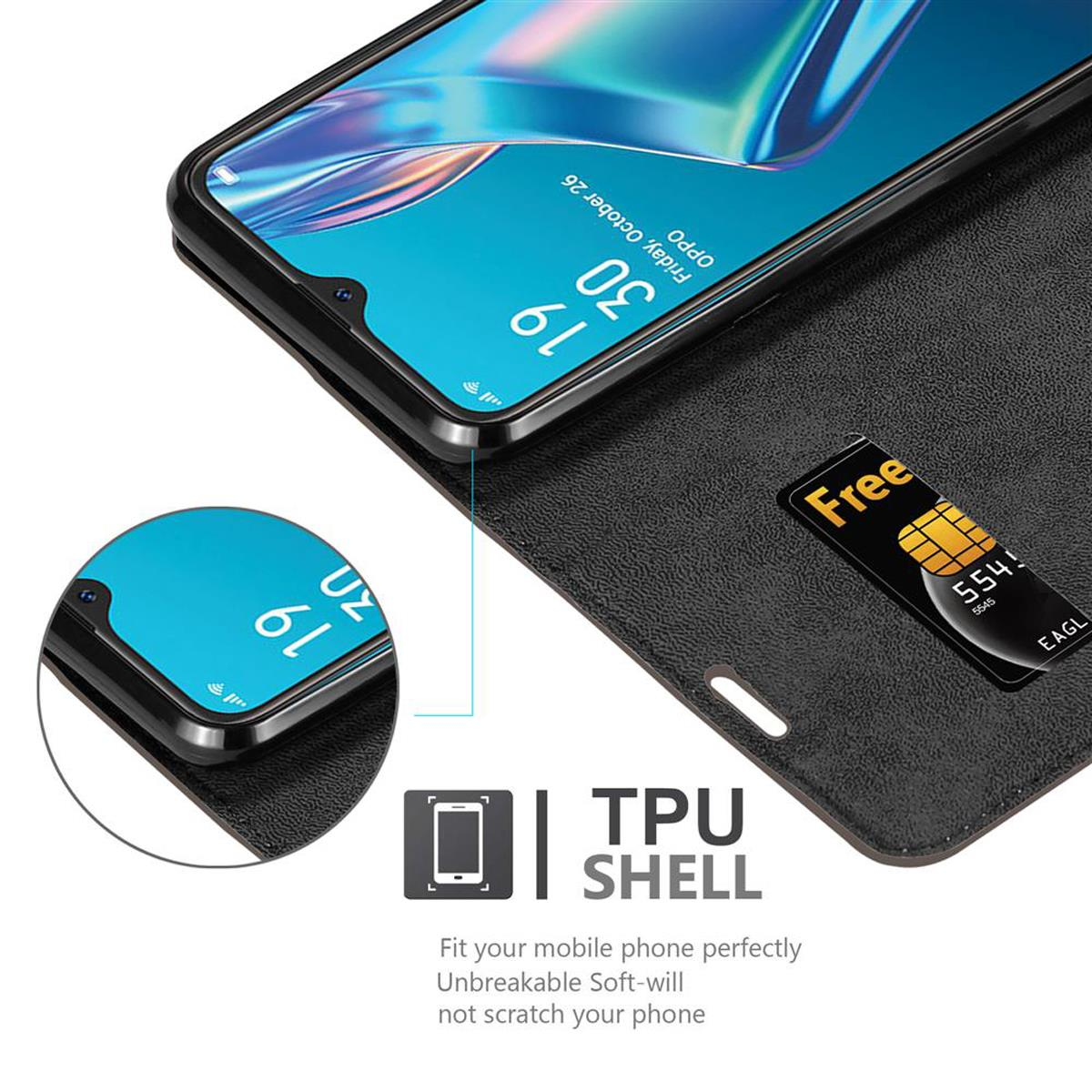 Eine schwarze Handyhülle geöffnet, zeigt den Telefonbildschirm, eine Kreditkarte und den TPU-Shell-Text.
