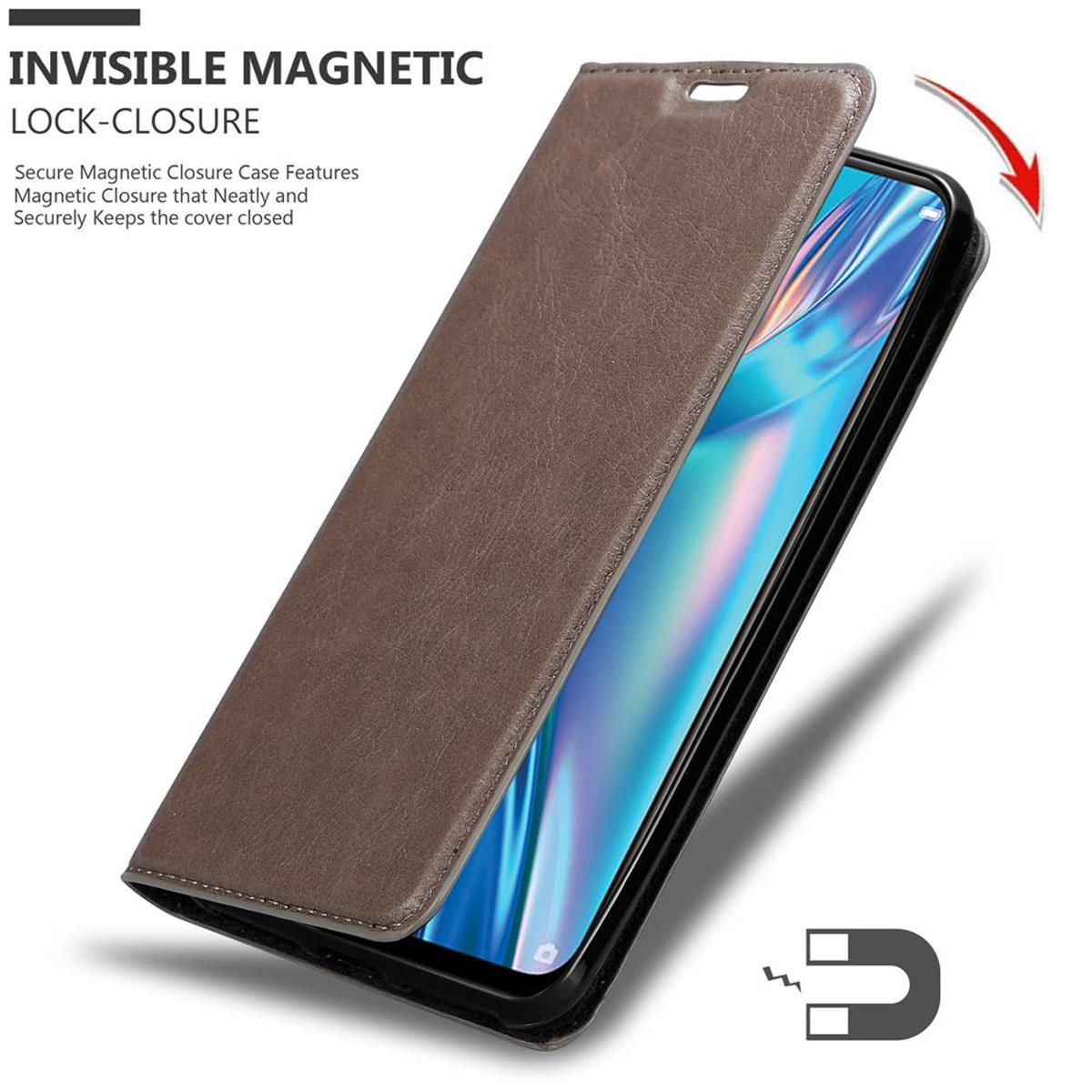 Braune Handyhülle mit Telefon im Inneren. Die Hülle ist geöffnet. Das Telefon zeigt ein blaues Bild. Die Hülle ist braun.