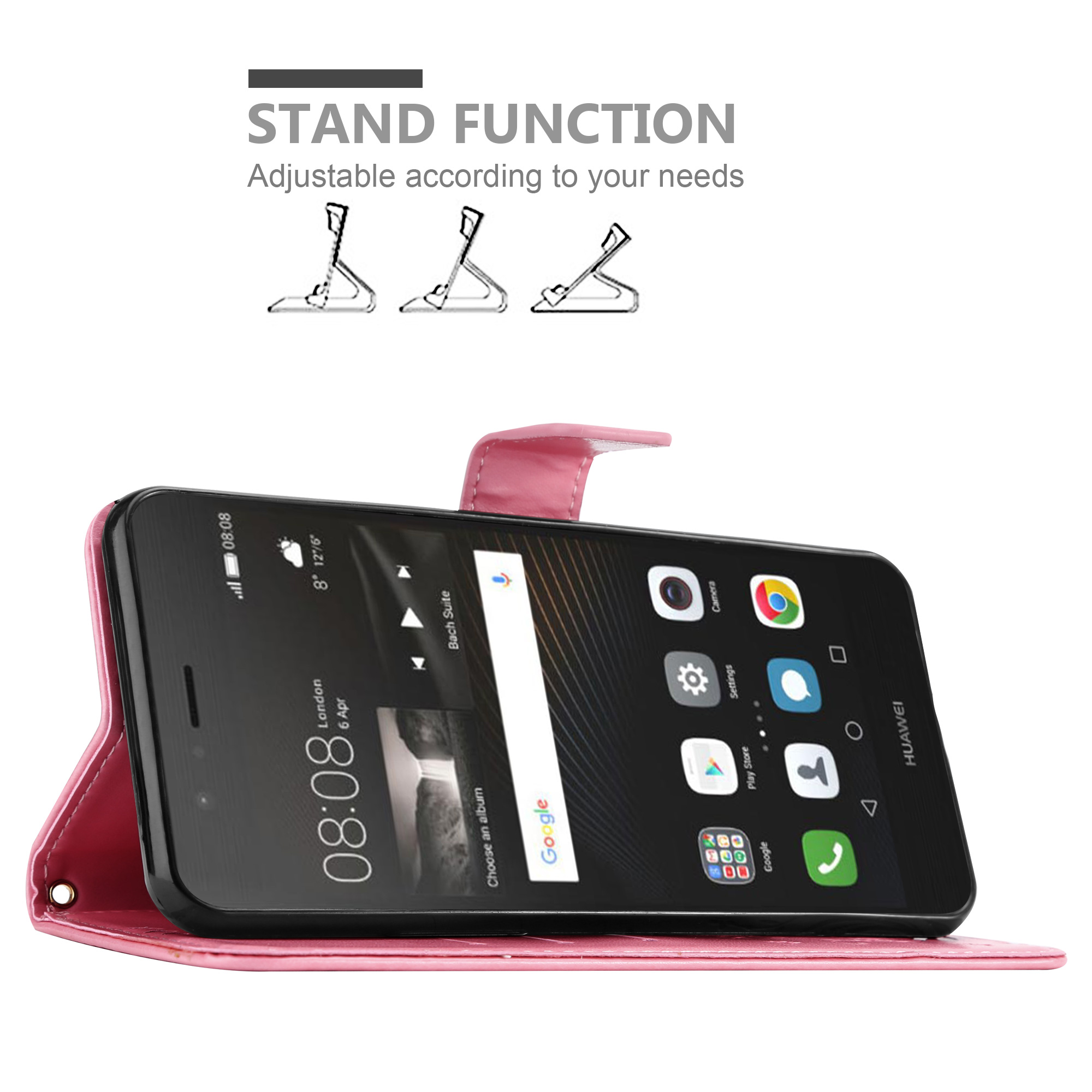 Custodia rosa aperta, con telefono nero. Funzione stand con illustrazione. Sfondo bianco.