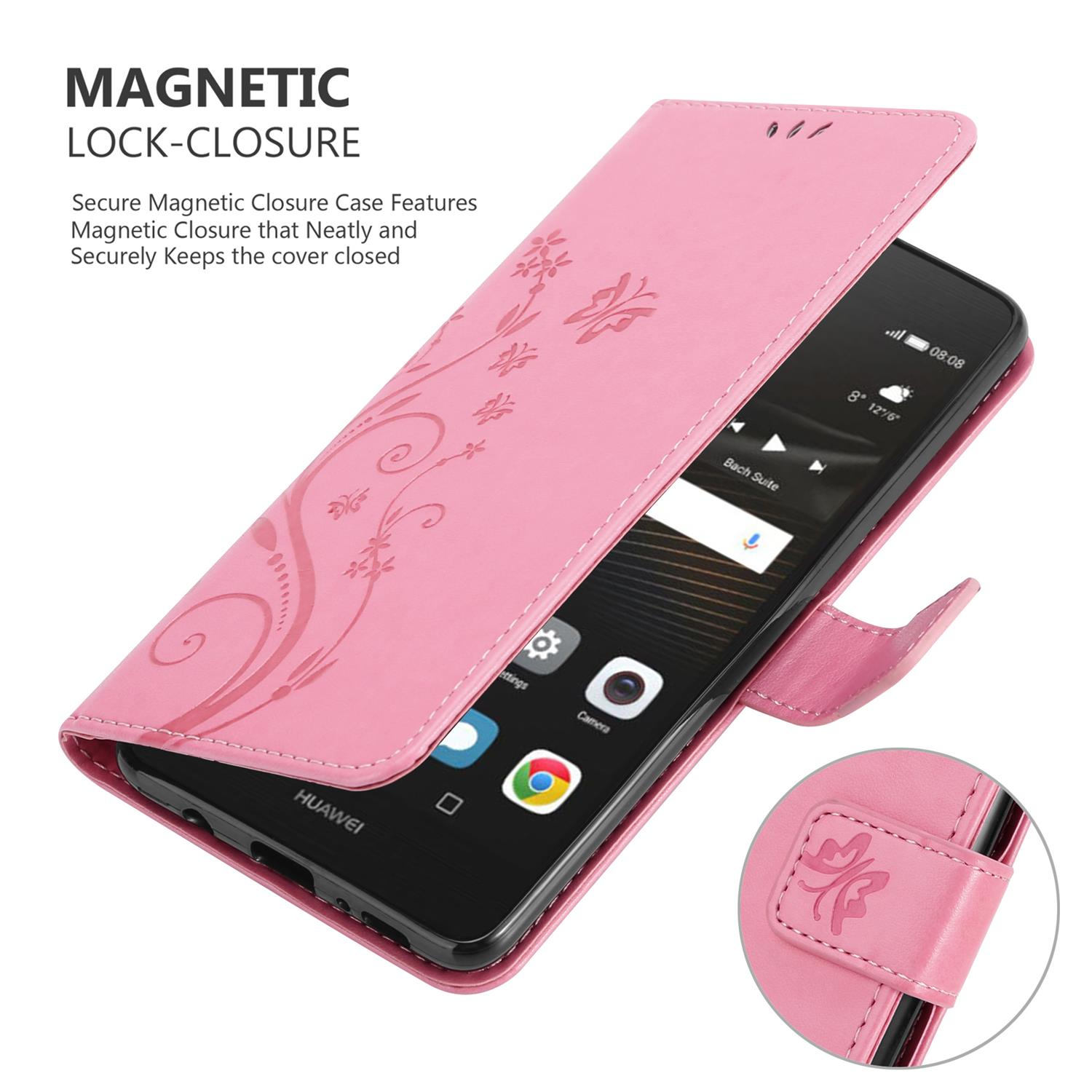 Custodia rosa con telefono all'interno. La custodia ha decorazioni floreali.