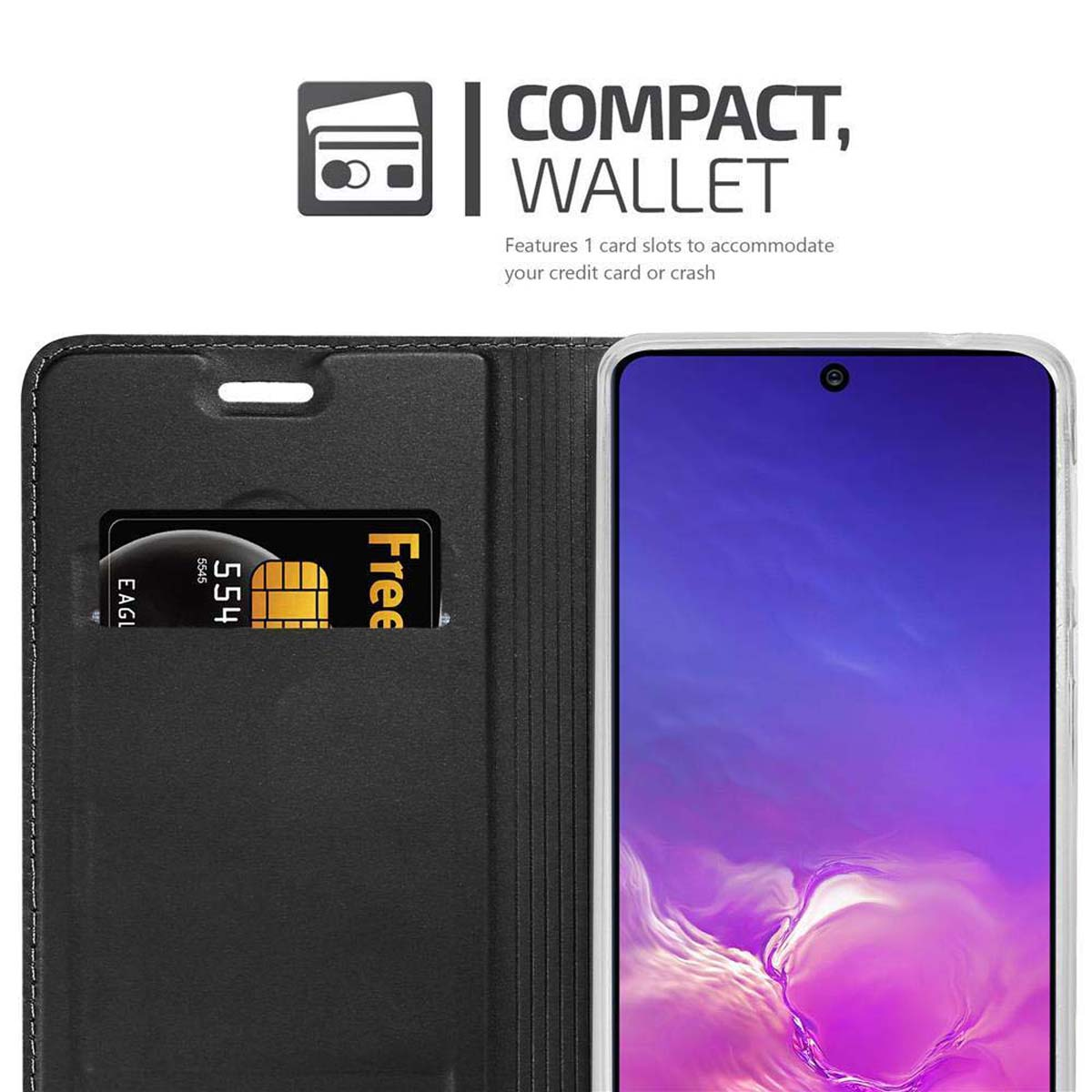 Schwarze Handytasche mit Kreditkartenfach, Telefon sichtbar. Kompaktes Portemonnaie-Design.
