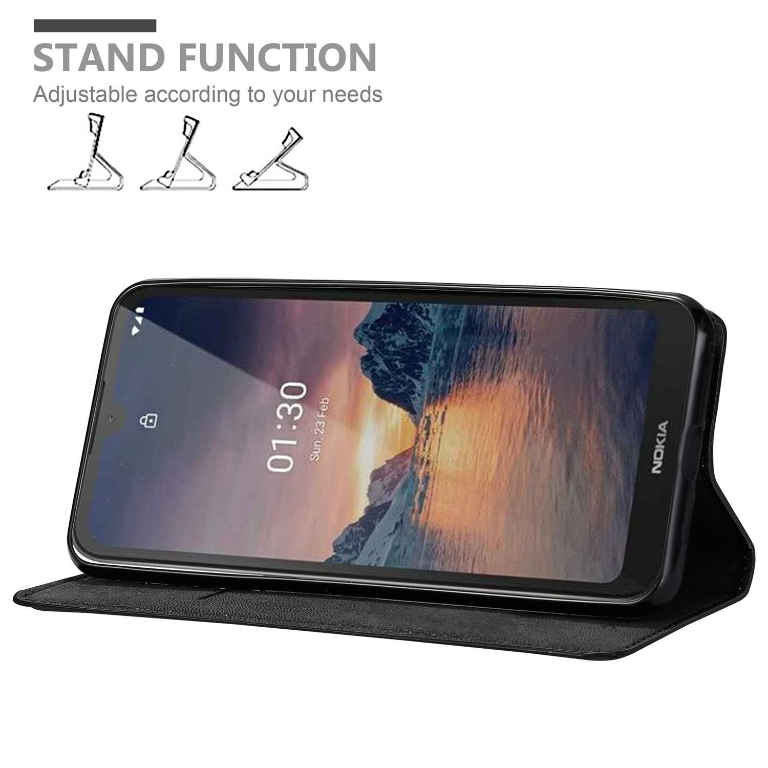 Schwarze Handyhülle mit Telefon darin. Das Telefon zeigt die Uhrzeit an. Die Standfunktion ist einstellbar.