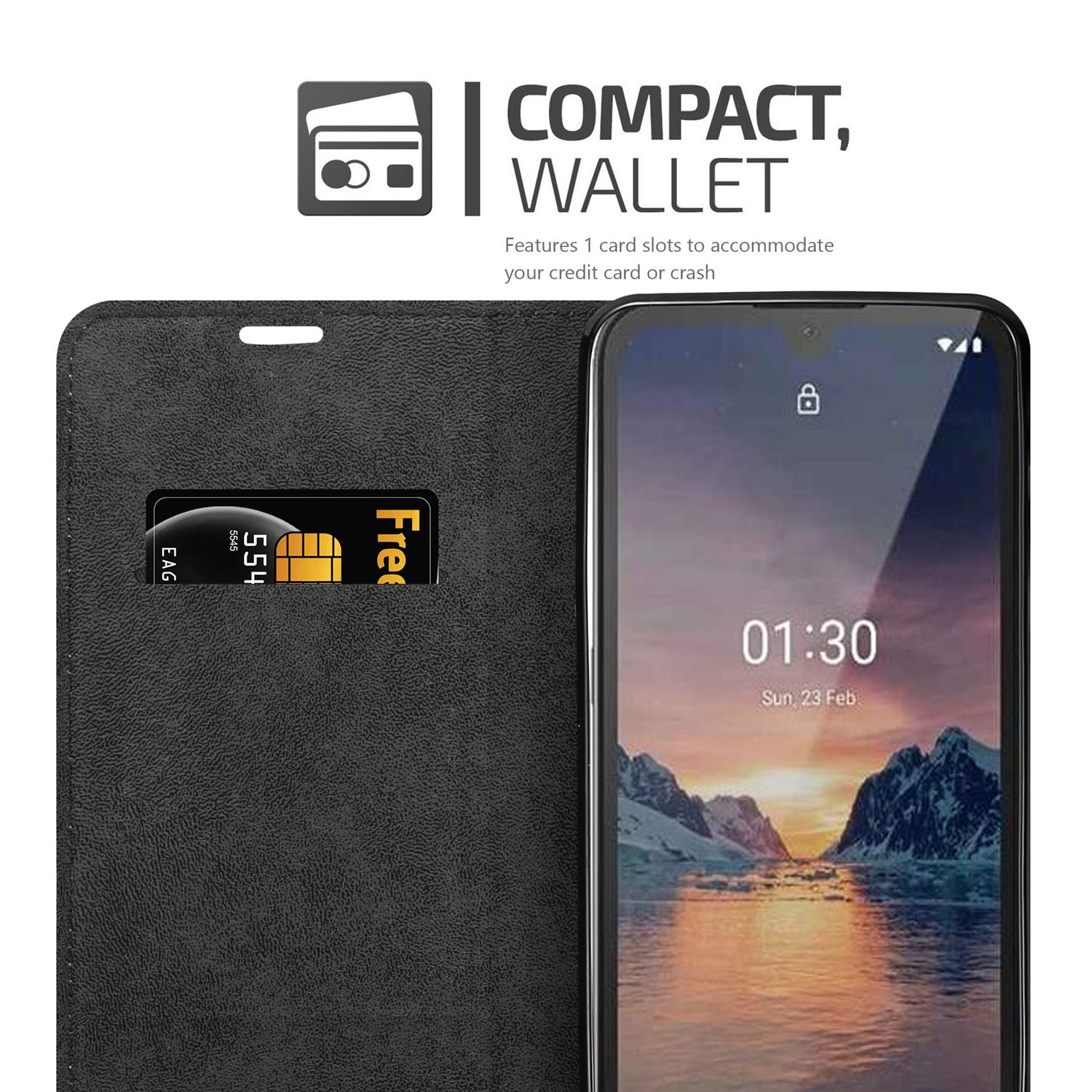 Custodia per telefono nera con telefono all'interno. Slot per schede con una scheda. Portafoglio compatto.
