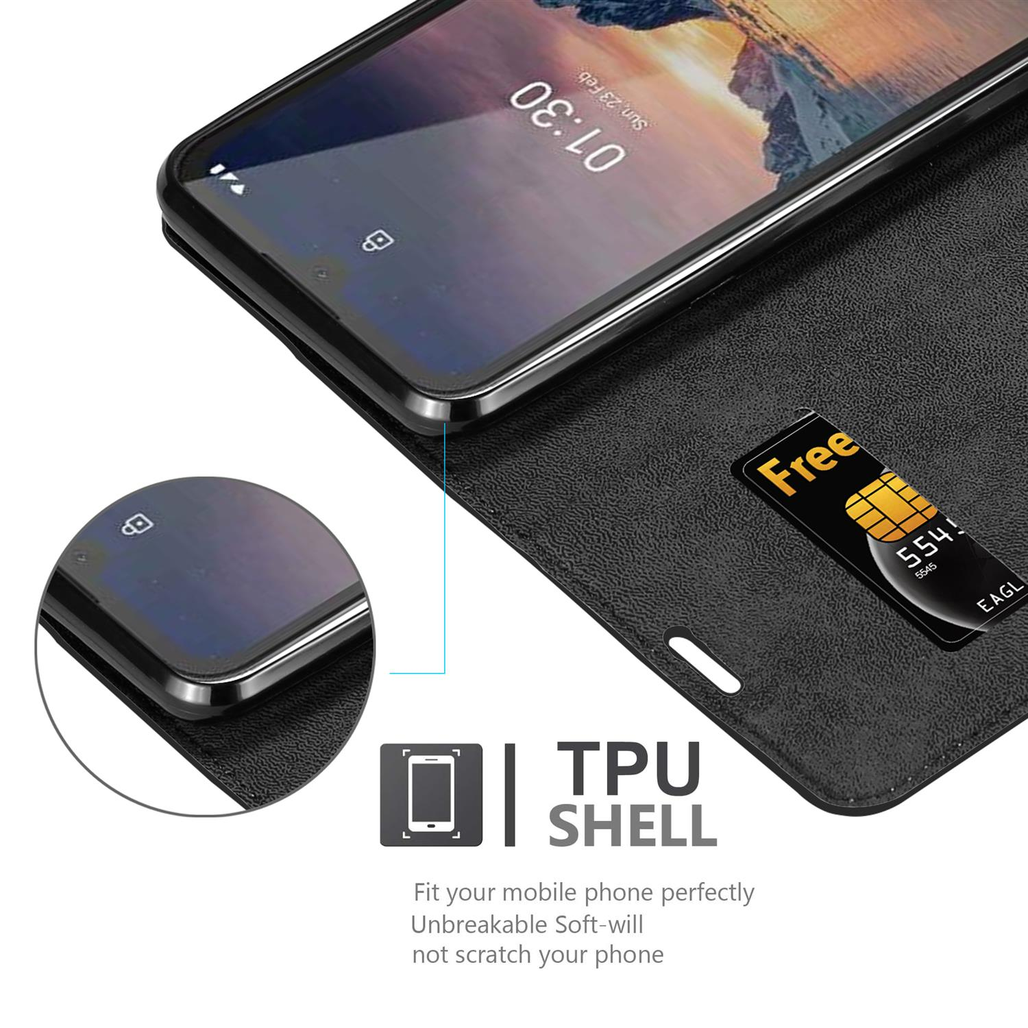 Schwarze Handyhülle mit Handy, SIM-Karte und Ausschnitt mit Kante. Text: TPU-Schale.