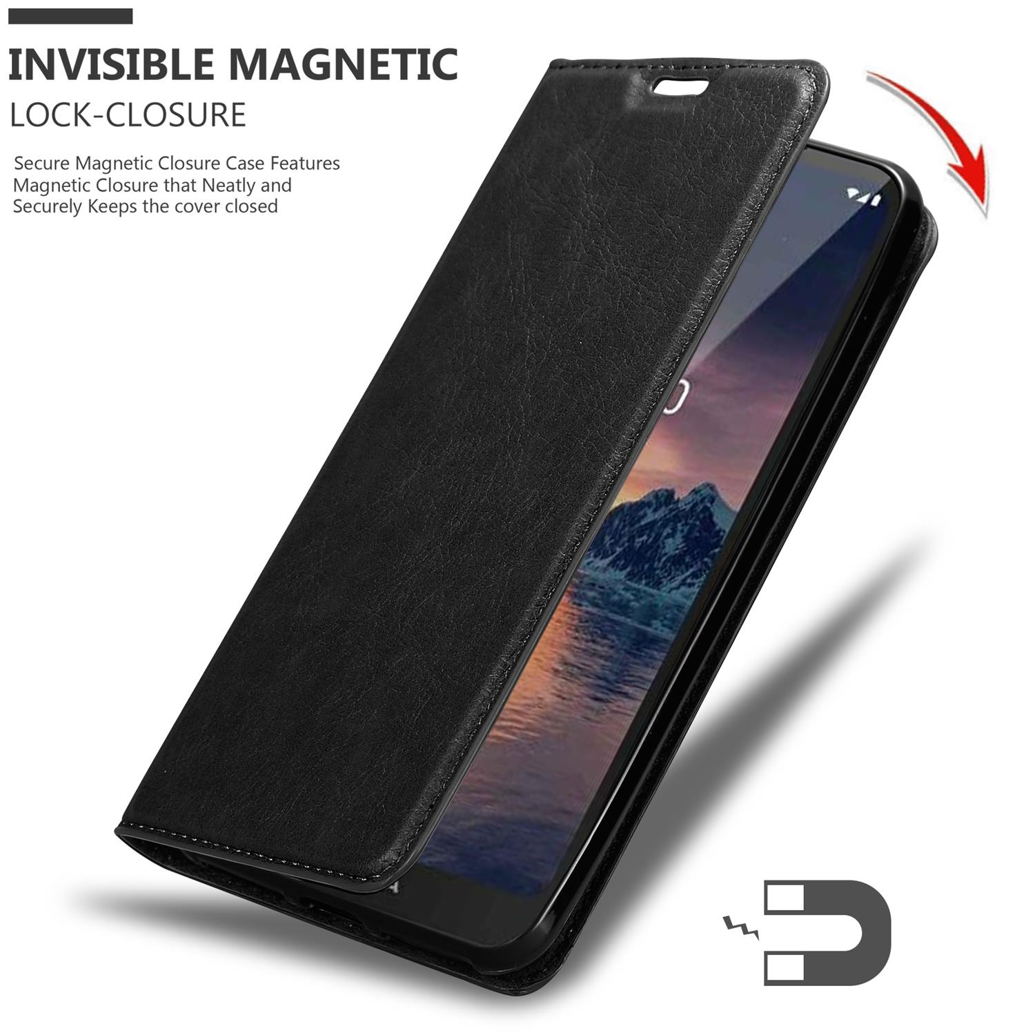 Schwarze Handyhülle offen. Das Telefon befindet sich in der Hülle. Ein Magnet wird gezeigt.