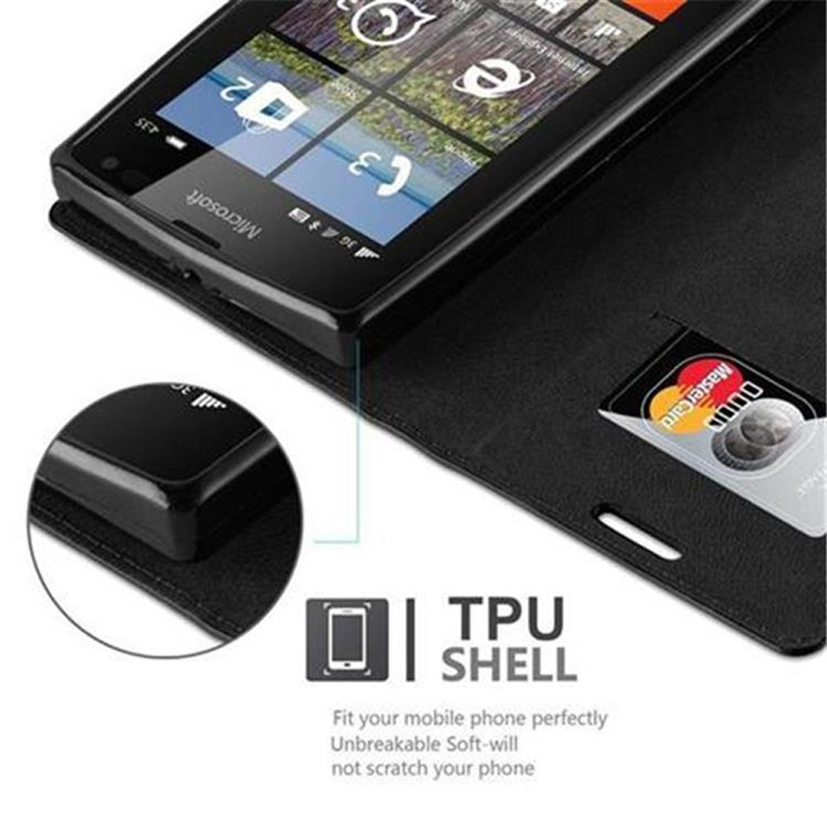 Custodia nera con telefono. Testo: TPU SHELL. Mostra Mastercard nello slot per schede.