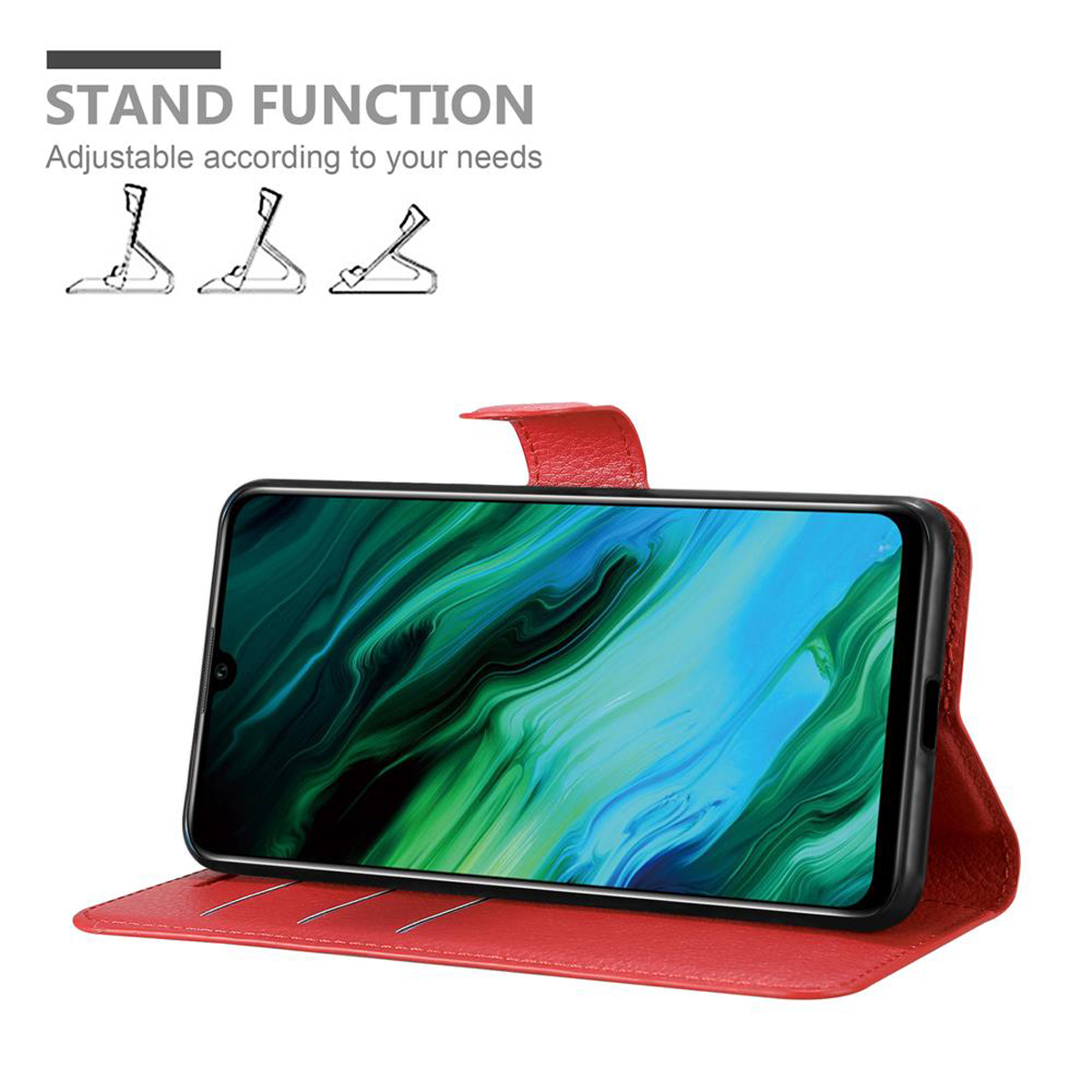 Custodia rossa aperta, telefono in posizione stand. Sfondo bianco con icone di supporto.