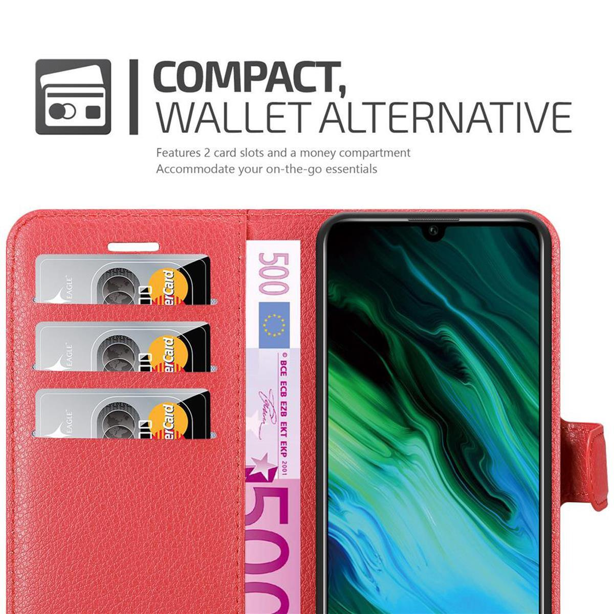 Telefono in una custodia a portafoglio rossa, con fessure per carte e scomparto per denaro.