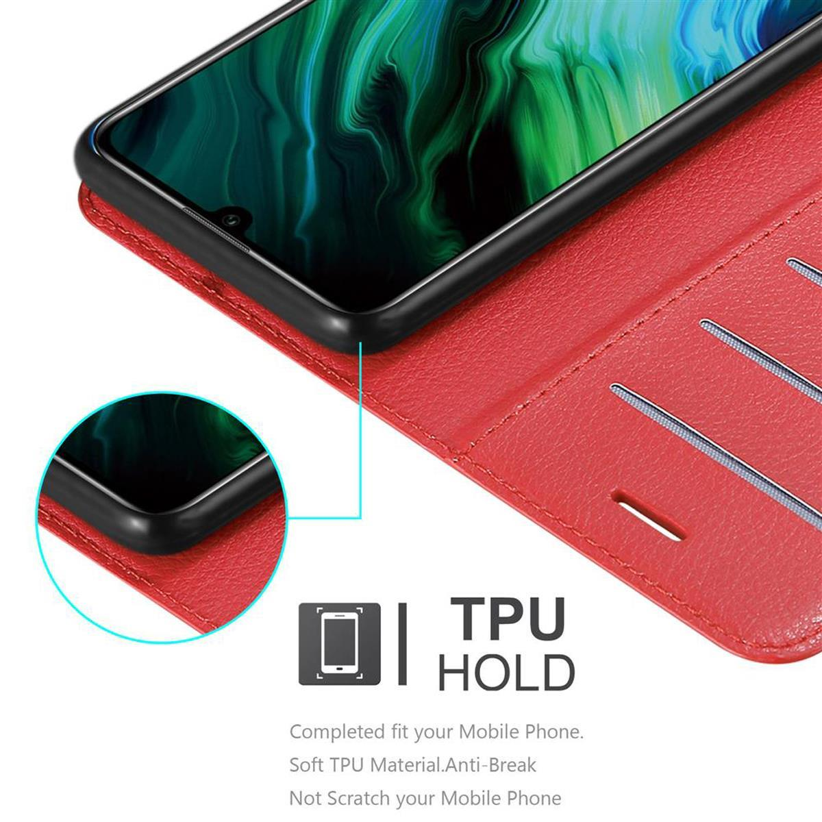 Telefono nero in una custodia rossa. Testo: TPU Hold, con un diagramma di un telefono.