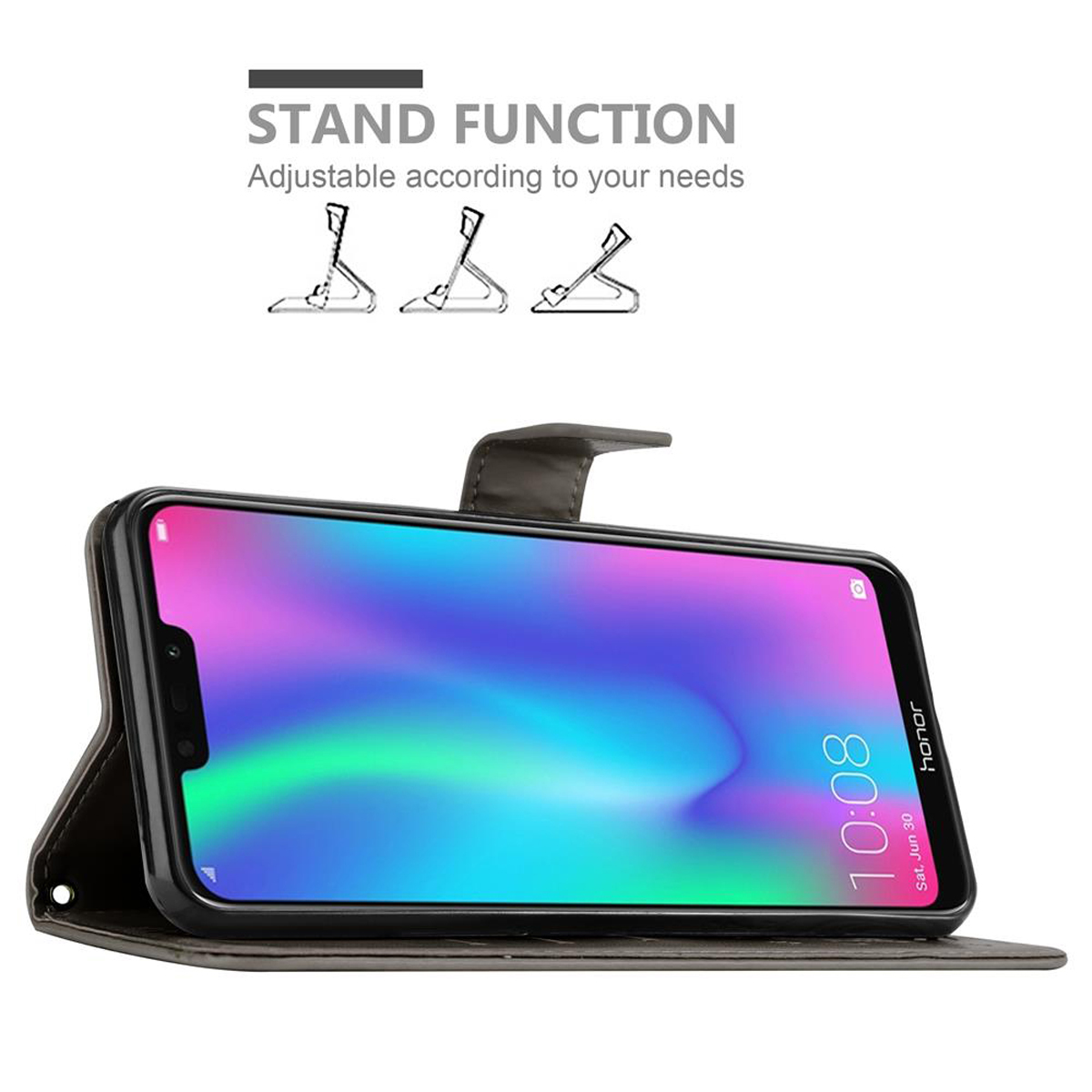 Custodia per telefono con telefono all'interno. Il telefono mostra l'ora. Funzione supporto e design regolabile.