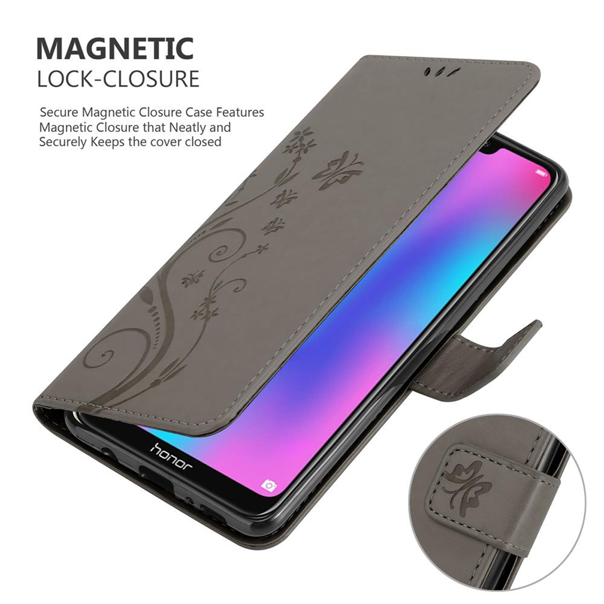Custodia grigia per telefono con design floreale, aperta, mostra lo schermo. Chiusura magnetica.