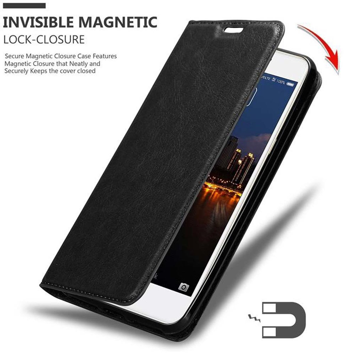 Custodia per telefono nera con un telefono all'interno. La custodia ha una chiusura magnetica. È una cover a libro.