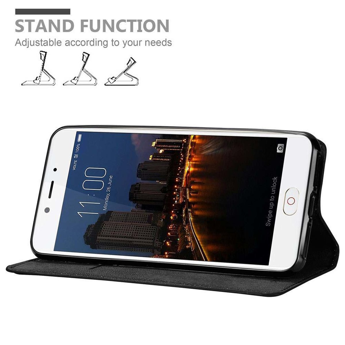 Telefono in una custodia, angolato, che mostra lo schermo. Funzione stand.