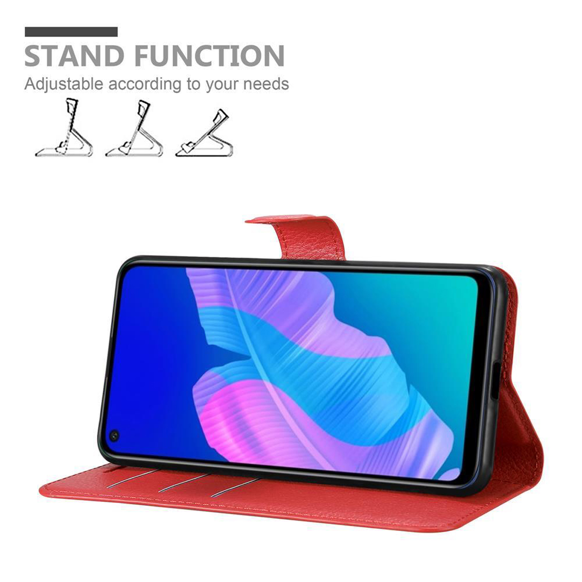 Telefono in una custodia rossa, aperto. Lo schermo è acceso, mostra un display colorato. La custodia funziona come supporto.