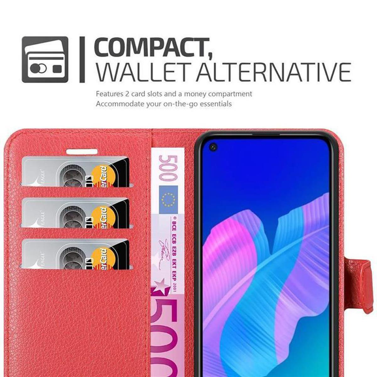 Custodia rossa per telefono con fessure per carte e scomparto per soldi. Schermo blu.