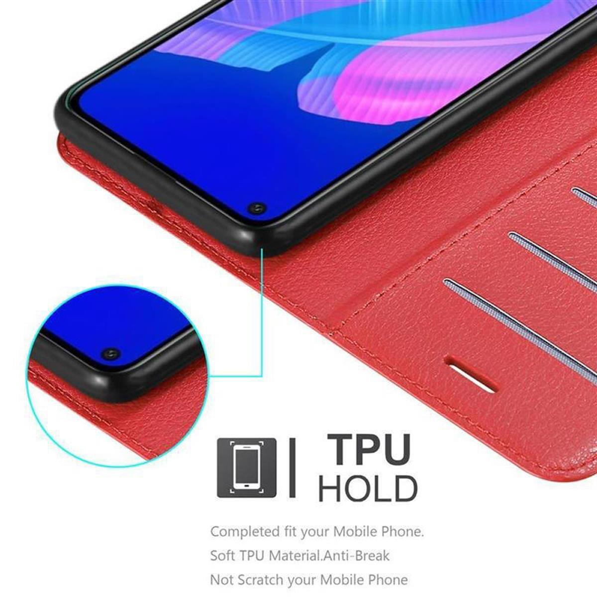 Custodia per telefono rossa con un telefono all'interno, vista ravvicinata. Il testo di supporto TPU è visualizzato sull'immagine.