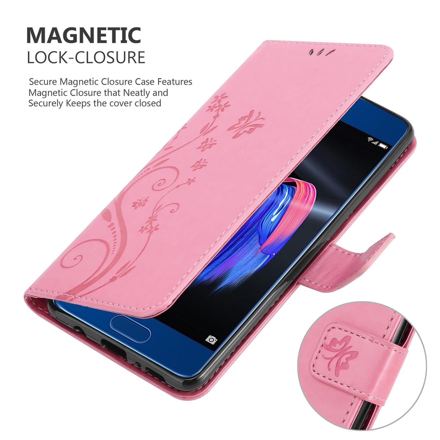 Una custodia rosa per telefono è aperta, mostrando un telefono e una carta. Testo: Chiusura magnetica. La custodia è rosa.
