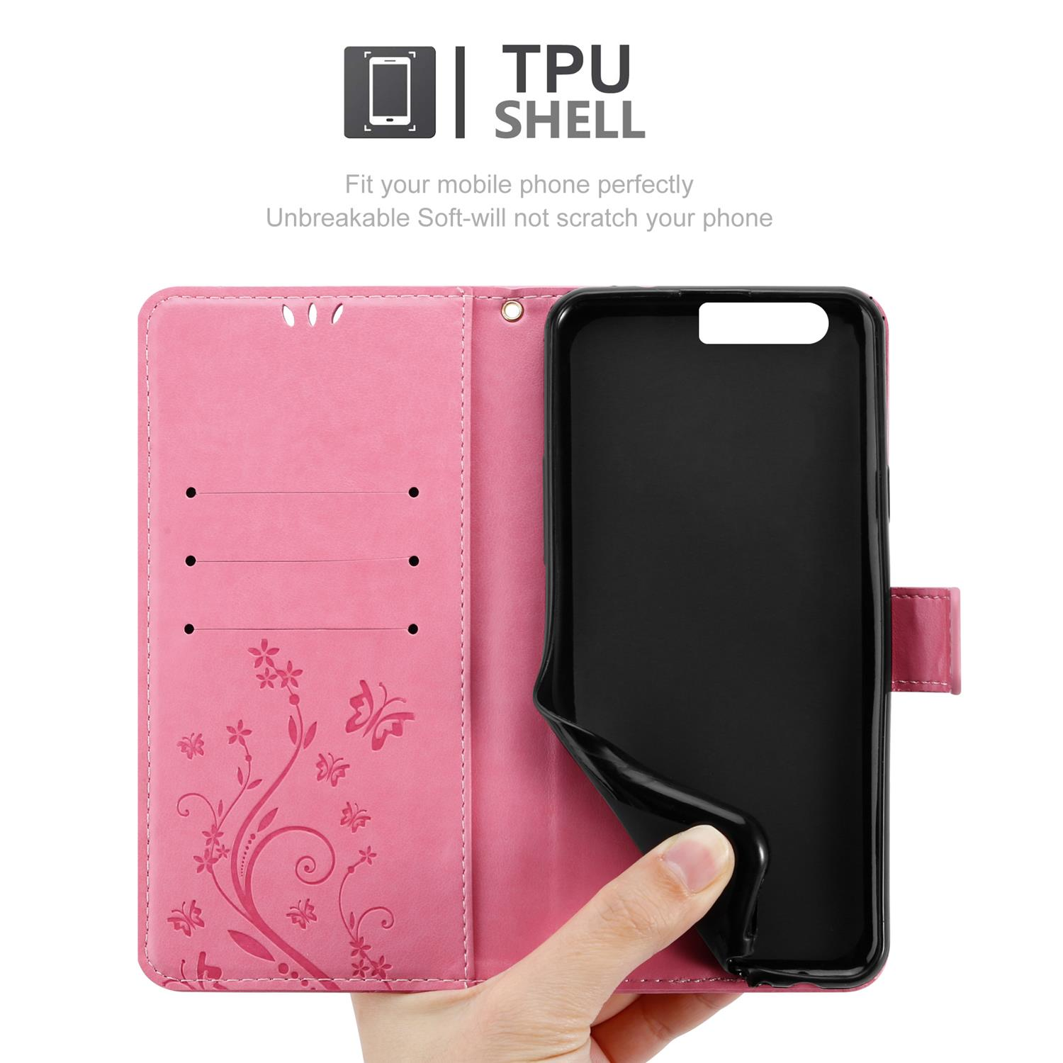 Custodia rosa per telefono aperta, mostrando un telefono. Mano che tiene il telefono nero. Design floreale.