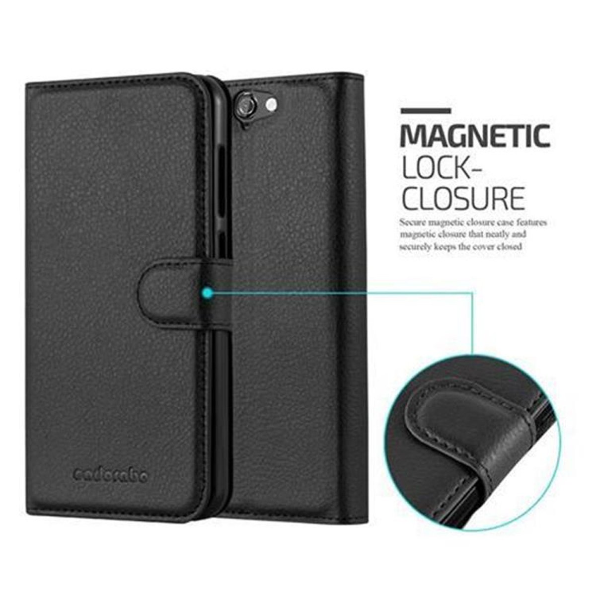 Custodia nera per telefono, aperta e chiusa. Grafica di chiusura magnetica sul lato della custodia.