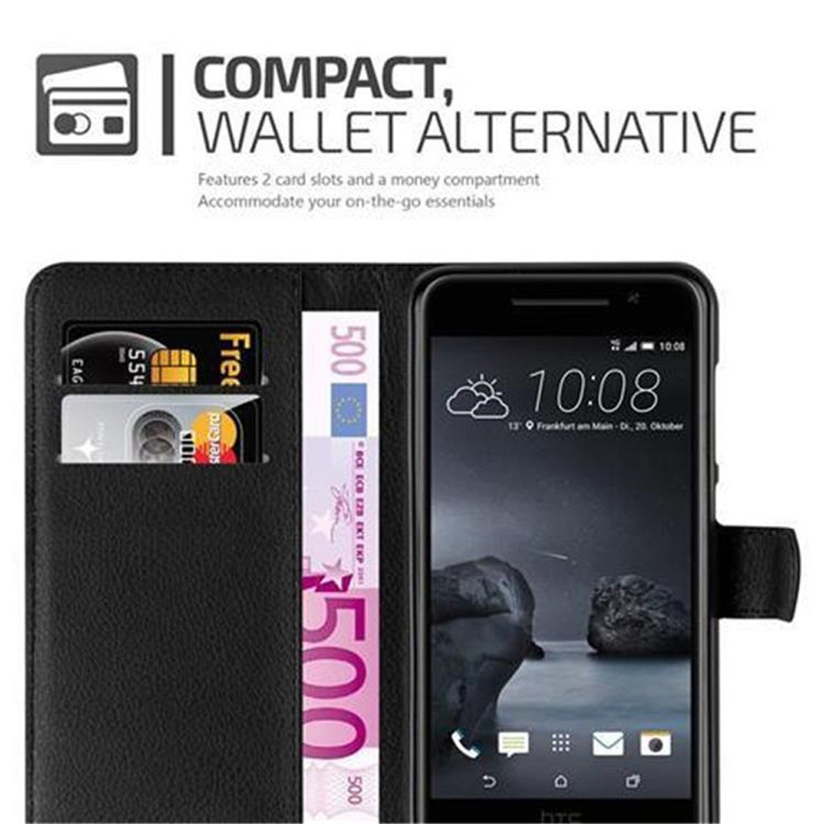 Una custodia nera per telefono è aperta, mostrando un telefono, due carte e denaro. Il testo dice 'Compact, Wallet Alternative'.